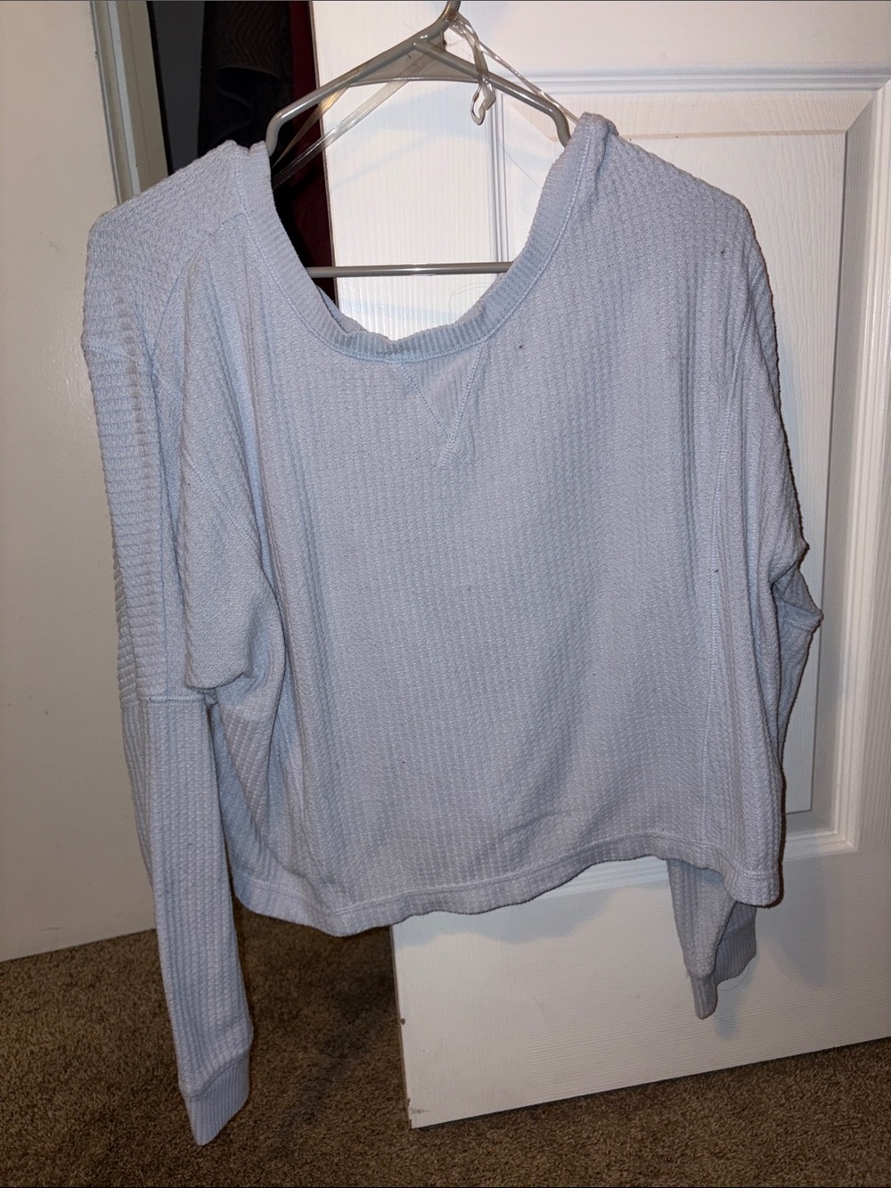 Aeropostale Women's Light Blue Waffle-Knit Pullover  off shoulder Sweatshirt